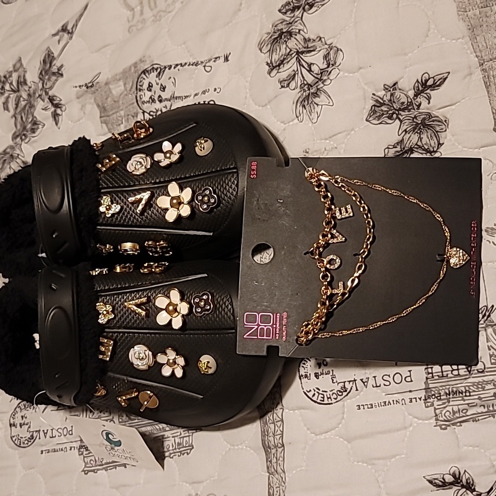 Black Lined Croc Clogs w/ Gold and White LOVE Charms w/ Necklace